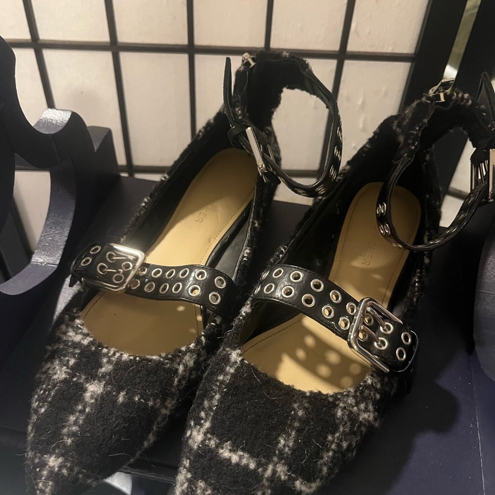 Marc Fisher Black Plaid Flats with Buckle Detail